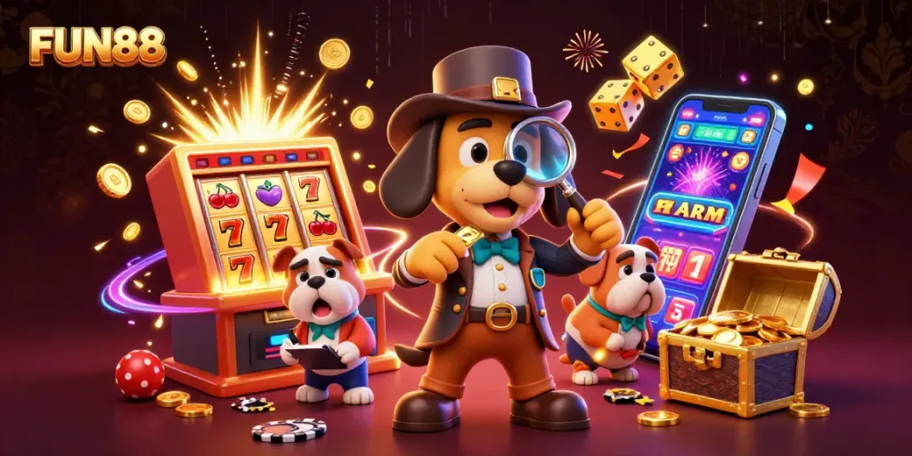 Engage with FUN88's vibrant casino scene featuring exciting slot machines and colorful chip clues.