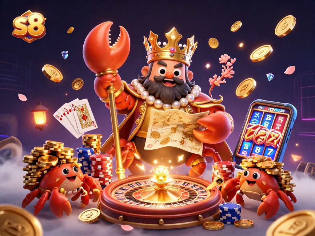 Join the gaming adventure with s8's rich casino elements featuring a golden crab emperor and thrilling treasures.