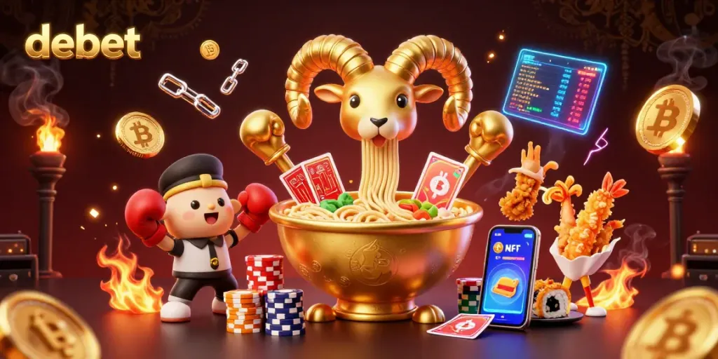 Engaging scene of debet featuring a golden ramen bowl character and neon coins, showcasing dynamic gambling activity.