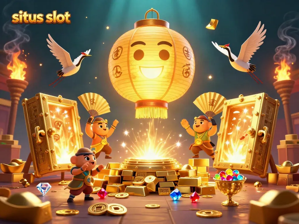 Engage with situs slot in a vibrant 3D scene featuring a golden lantern spirit and riches galore.