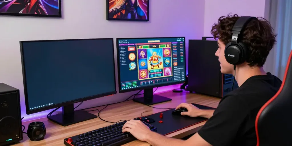 Engaged player enjoying janji33 situs slot games in a lively gaming setup.