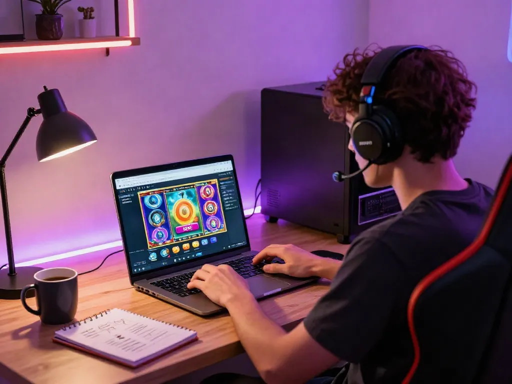 Engaged player enjoying games on situs slot777 with vibrant graphics and gaming setup.