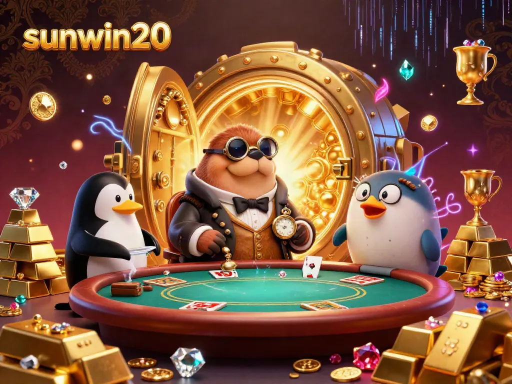 Experience thrilling poker action with sunwin20 in this vibrant 3D illustration featuring a jolly walrus and a penguin dealer.