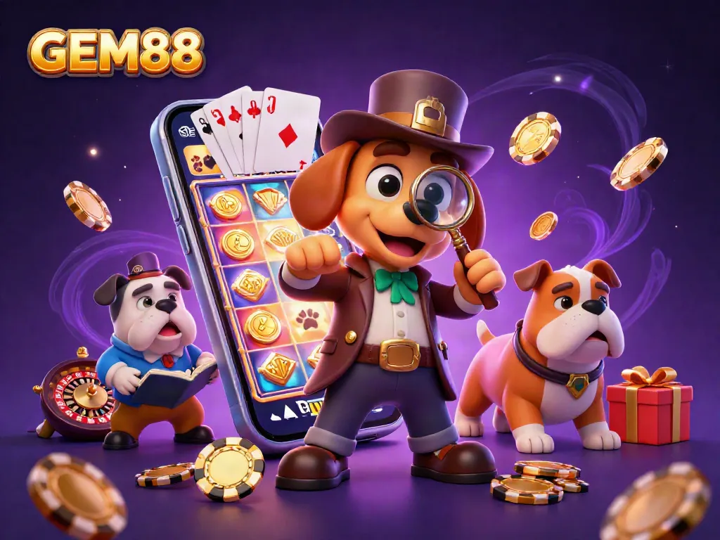 GEM88 showcases a vibrant gaming scene, highlighted by a detective exploring poker clues amidst dynamic slot game action.