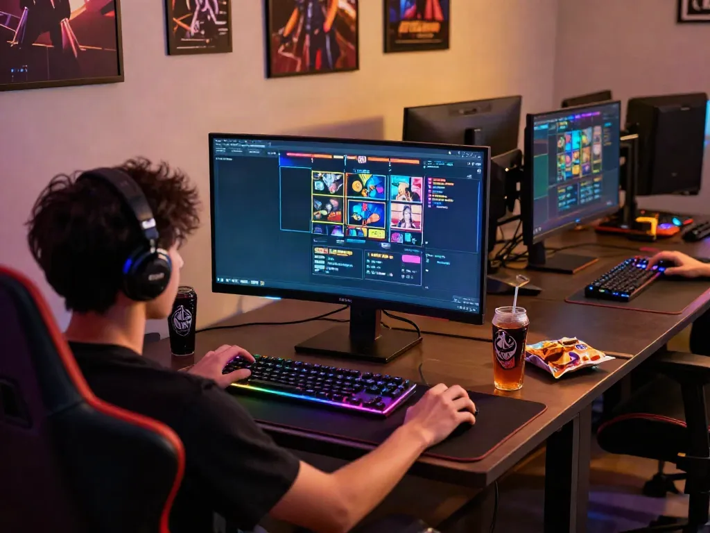 Gamer enjoying vibrant slot games on a dual-monitor setup with server Thailand integration.