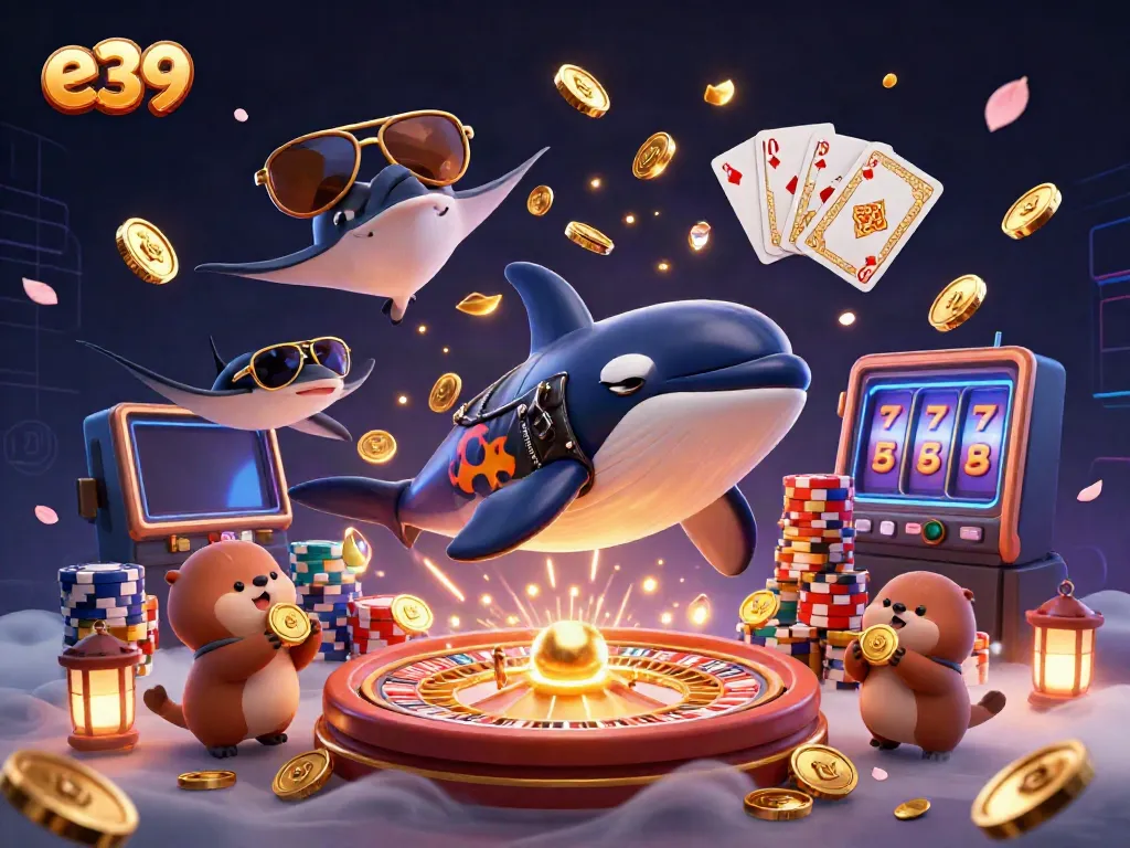 Win big at e39 with a lively casino scene featuring sea creatures and gold coins.