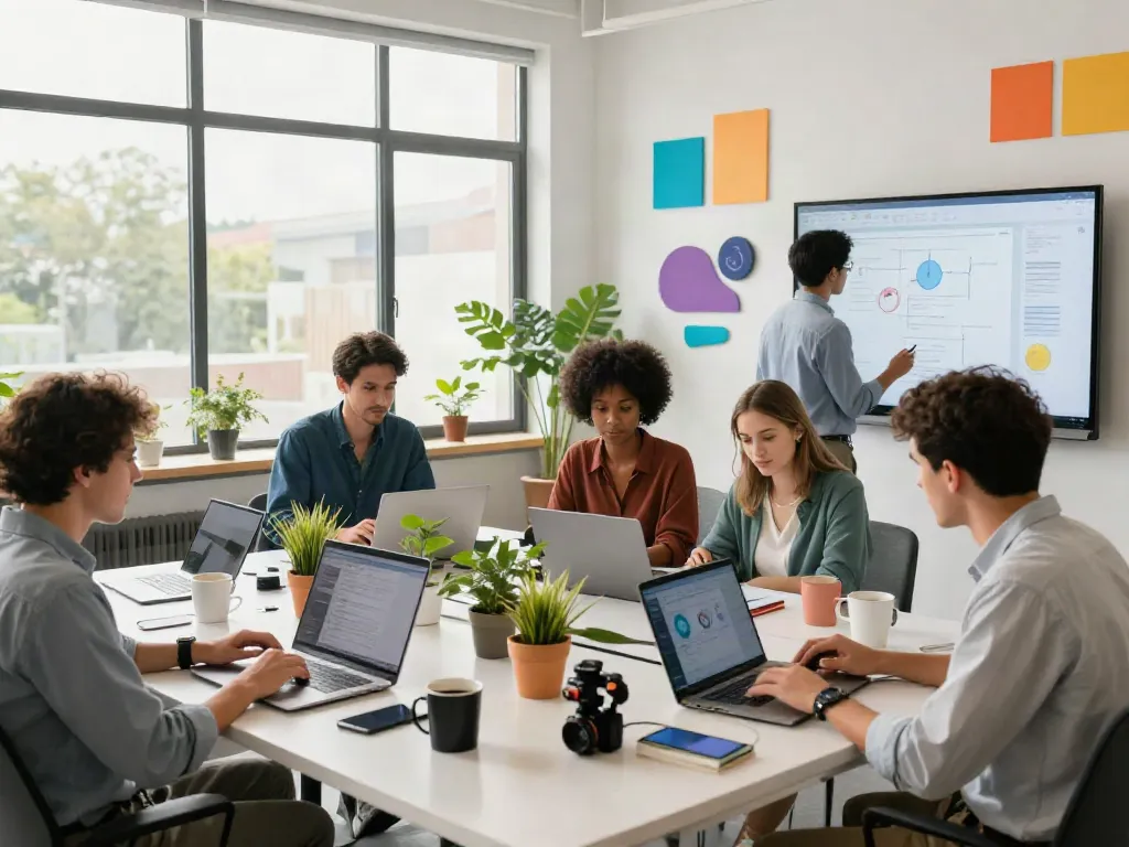 Dynamic tech collaboration scene illustrating experts working on istana 404 innovations and solutions.