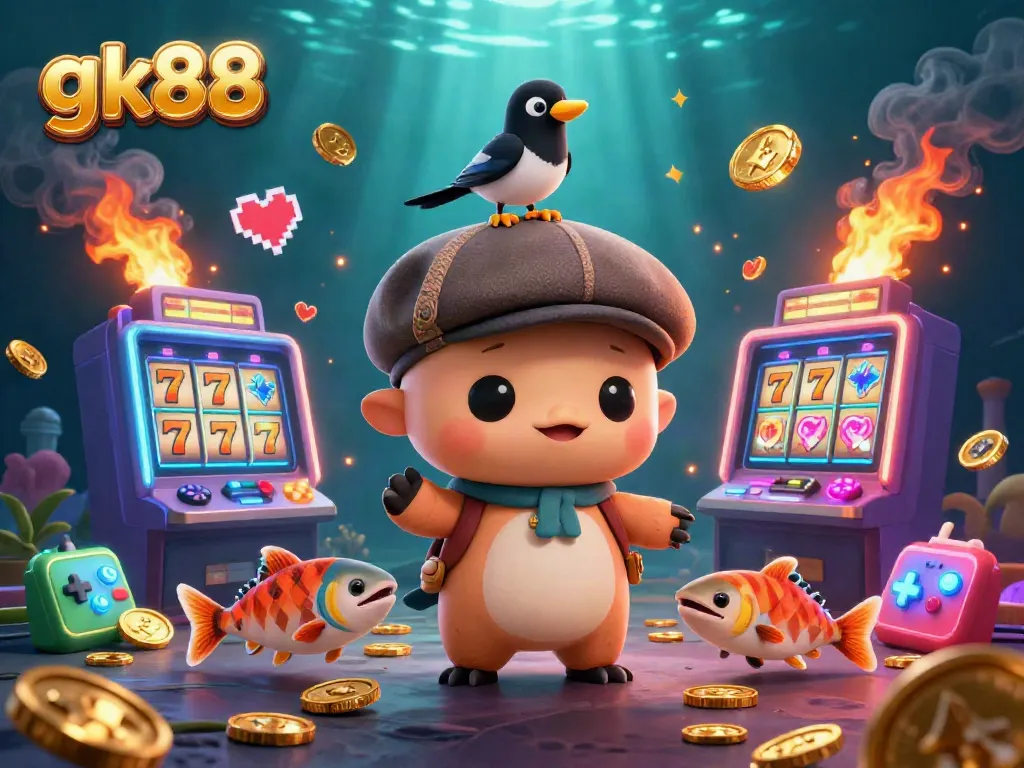Engage in thrilling casino fun with gk88's vibrant jackpot scene featuring adorable characters.