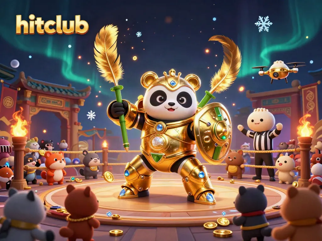 Experience hitclub's thrilling atmosphere with a panda in a mecha-fighting suit in an energetic gambling arena.