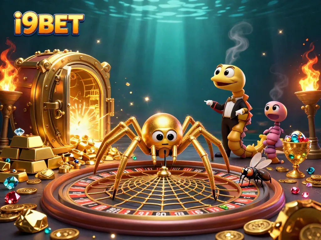 Experience thrilling bets at i9BET with a vivid roulette wheel web spun by a golden spider, dynamic scene