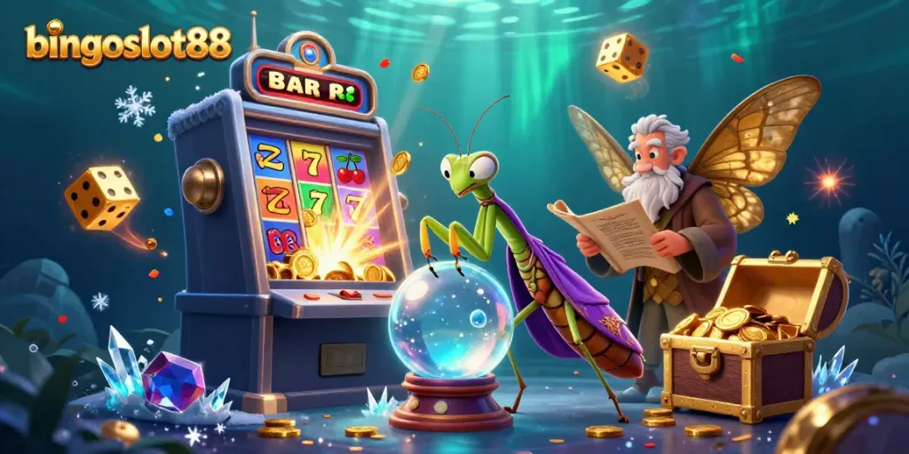 Temukan pengalaman menarik di bingoslot88 dengan mesin slot dan simbol keberuntungan yang mengelilingi para karakter.