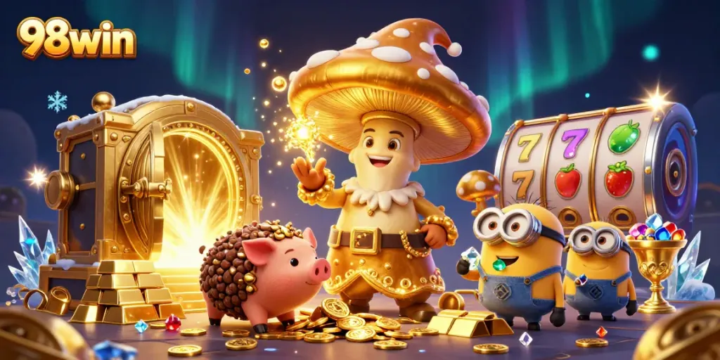 Spin and win at 98win casino with a magical treasure-filled scene featuring vibrant slots!
