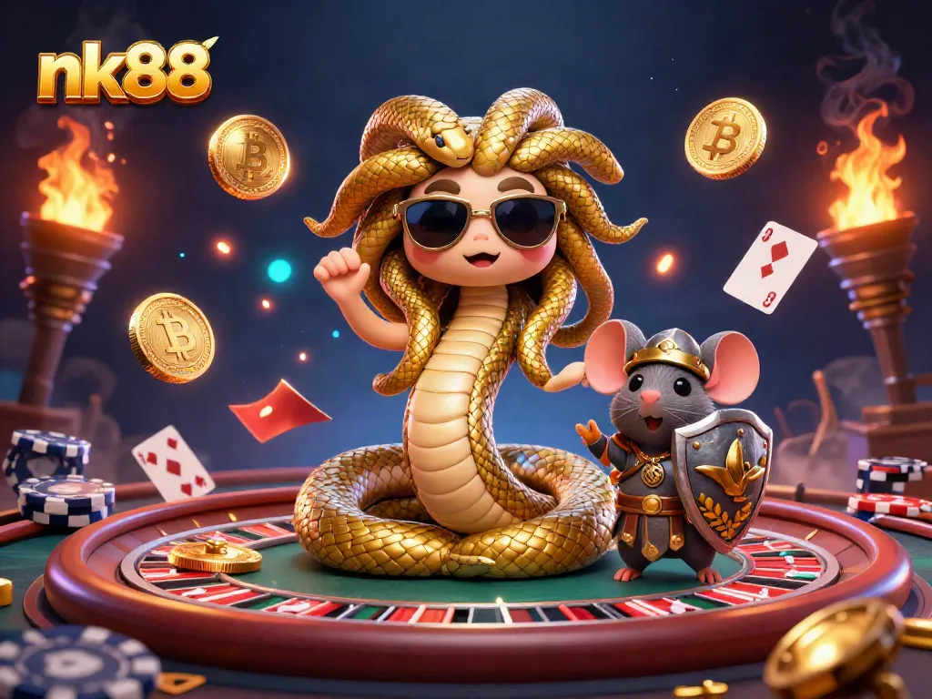 Engage in exciting casino gaming adventures with nk88, featuring Medusa and a warrior mouse.