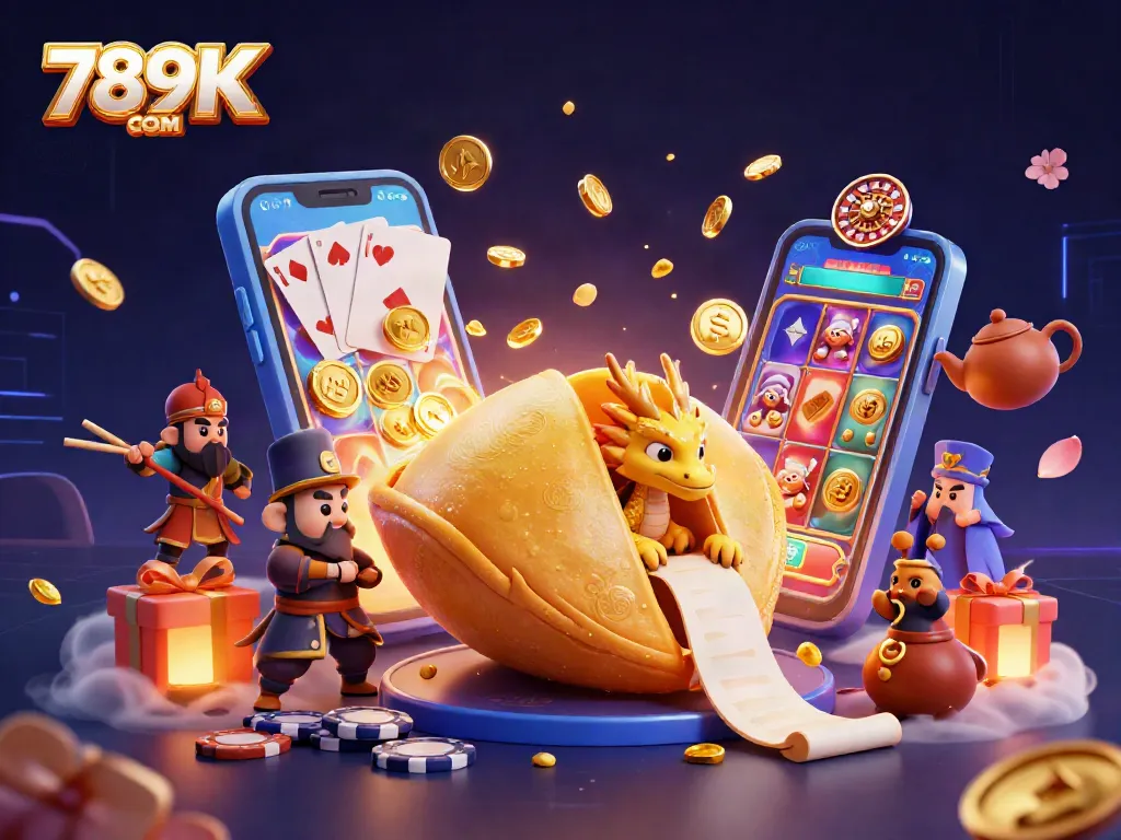 Engage with 789K COM in this vibrant casino scene featuring a golden fortune cookie, wise dragon, and exciting game elements.