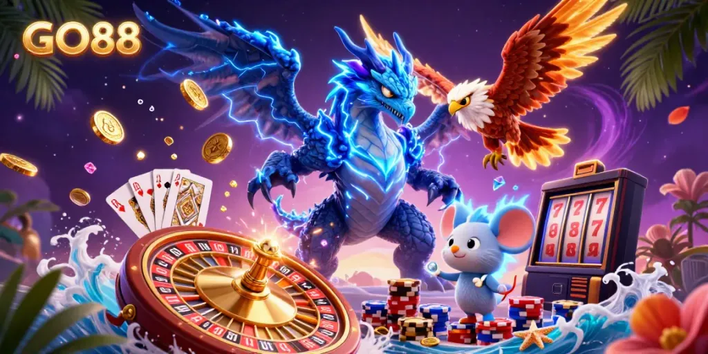 Experience the thrilling action of GO88 with vivid casino elements in a dynamic 3D illustration.
