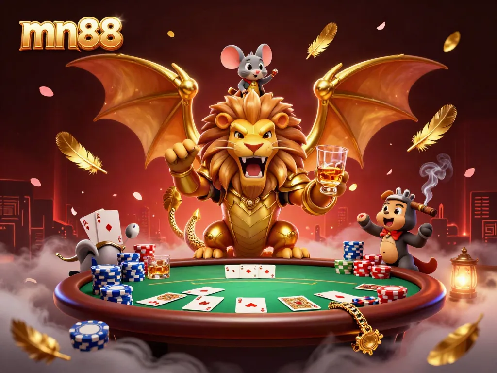 Engage in thrilling poker action at mn88 with a chimera championing triumph amidst vibrant casino elements.