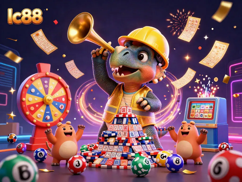 Celebrate wins at lc88 with a vibrant 3D scene featuring poker chips, lottery elements, and joyful characters.