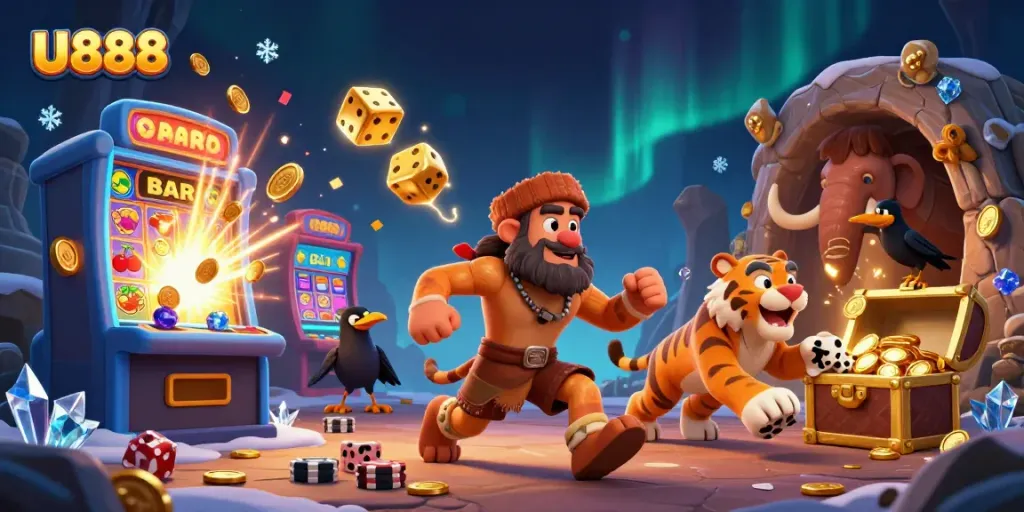 U888 casino scene featuring vibrant characters, a lively slot jackpot, and festive elements.