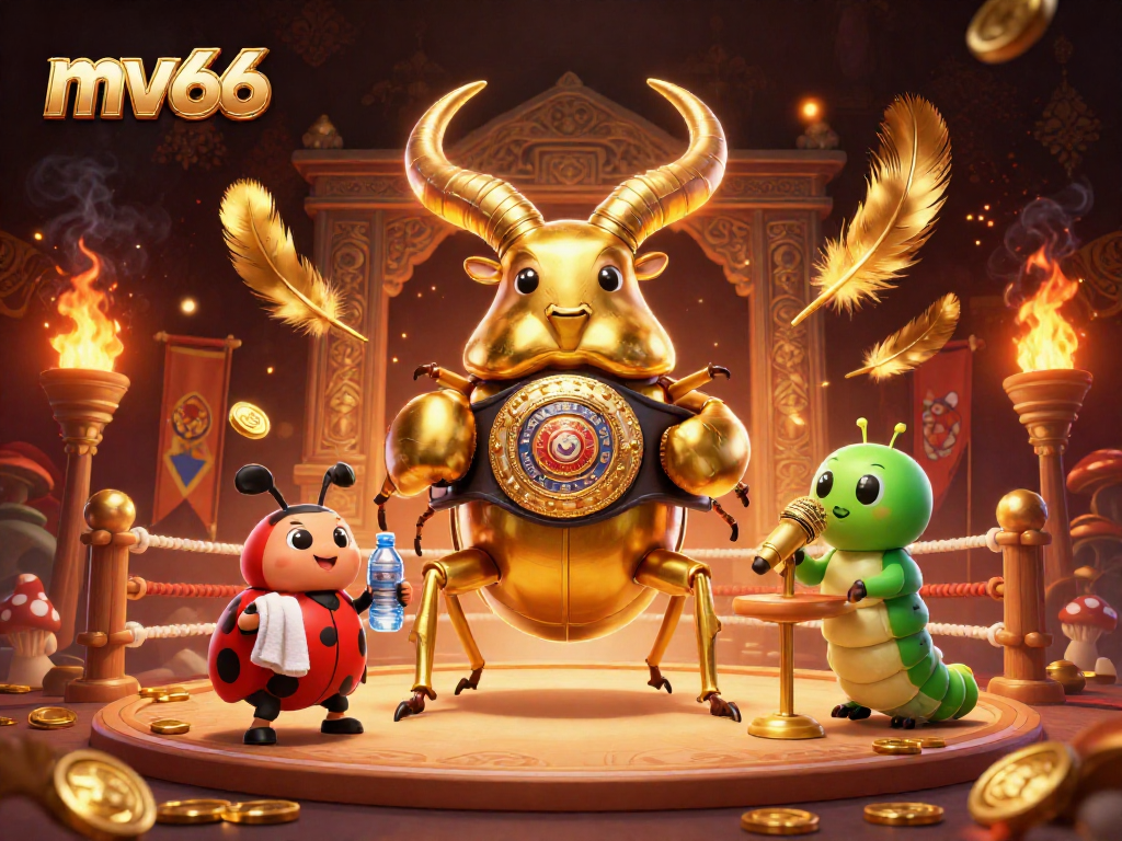 Engage with exciting mv66 gaming action featuring a golden stag beetle in a boxing match.