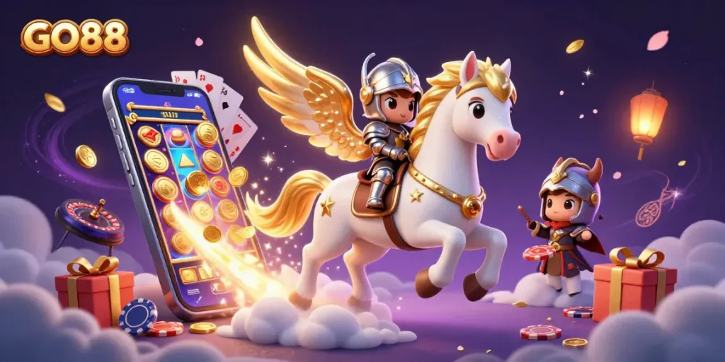 Join the excitement of GO88 with a celestial knight and vibrant casino elements in action!