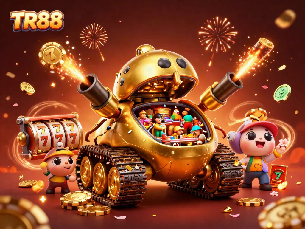 Experience thrilling gaming action at TR88 with a vibrant 3D casino scene featuring slot machines and lucky symbols.