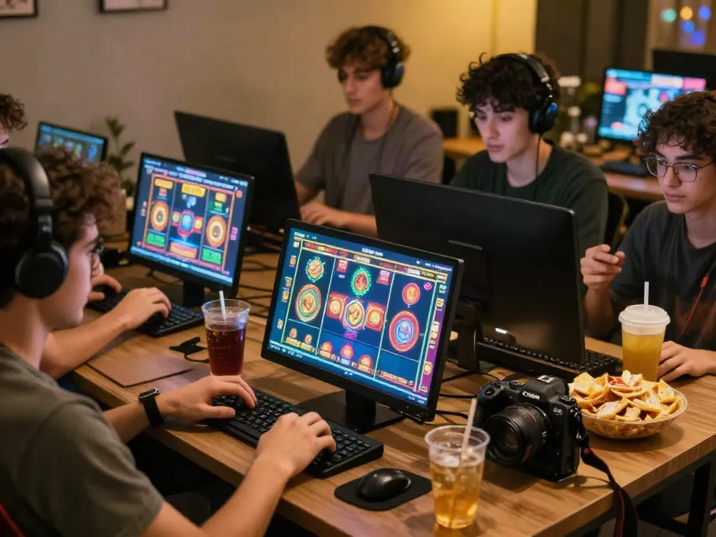 Exciting online gaming environment showcasing players enjoying slot gacor hari ini on multiple devices in a vibrant setting.