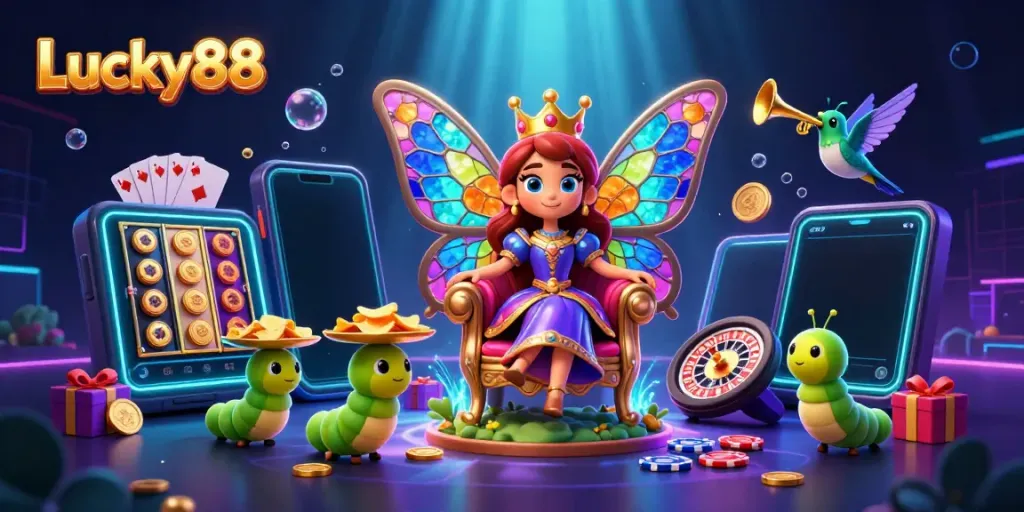 Experience the vibrant Lucky88 casino atmosphere with a colorful butterfly queen and interactive gaming elements.