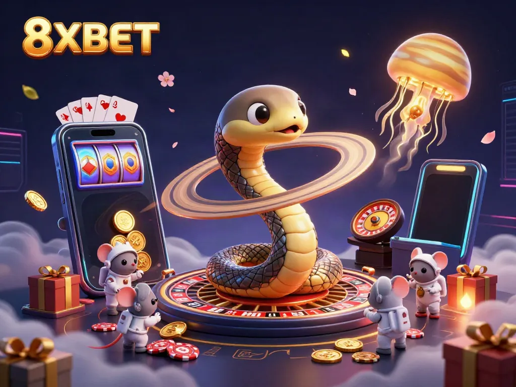 8XBET cosmic casino scene with Saturn, roulette wheel, and astronaut mice betting.