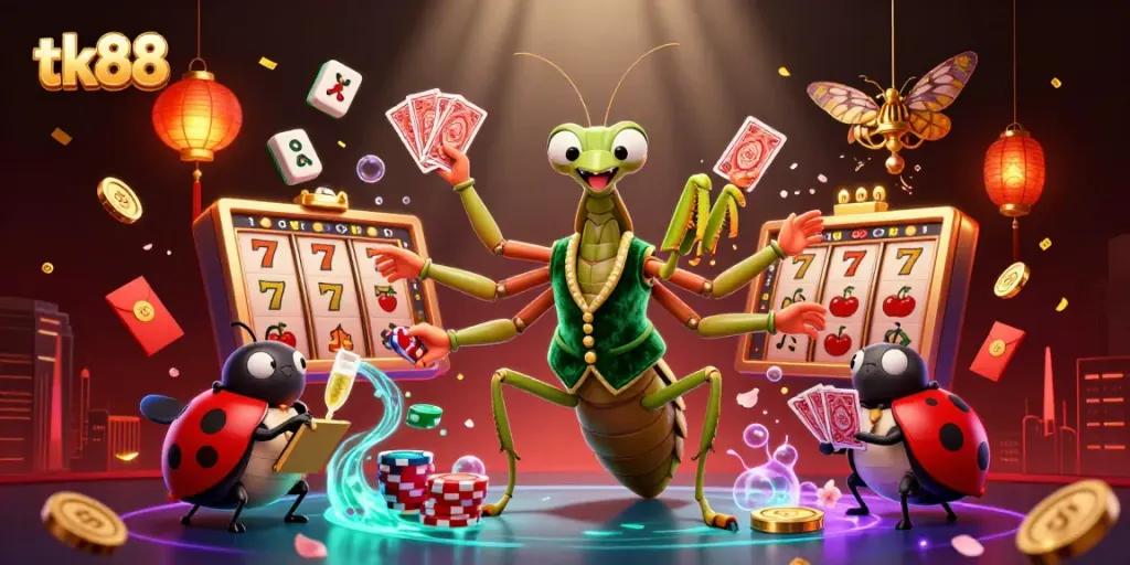 tk88 illustrates a lively casino scene with vibrant characters, slot reels, and festive decorations.