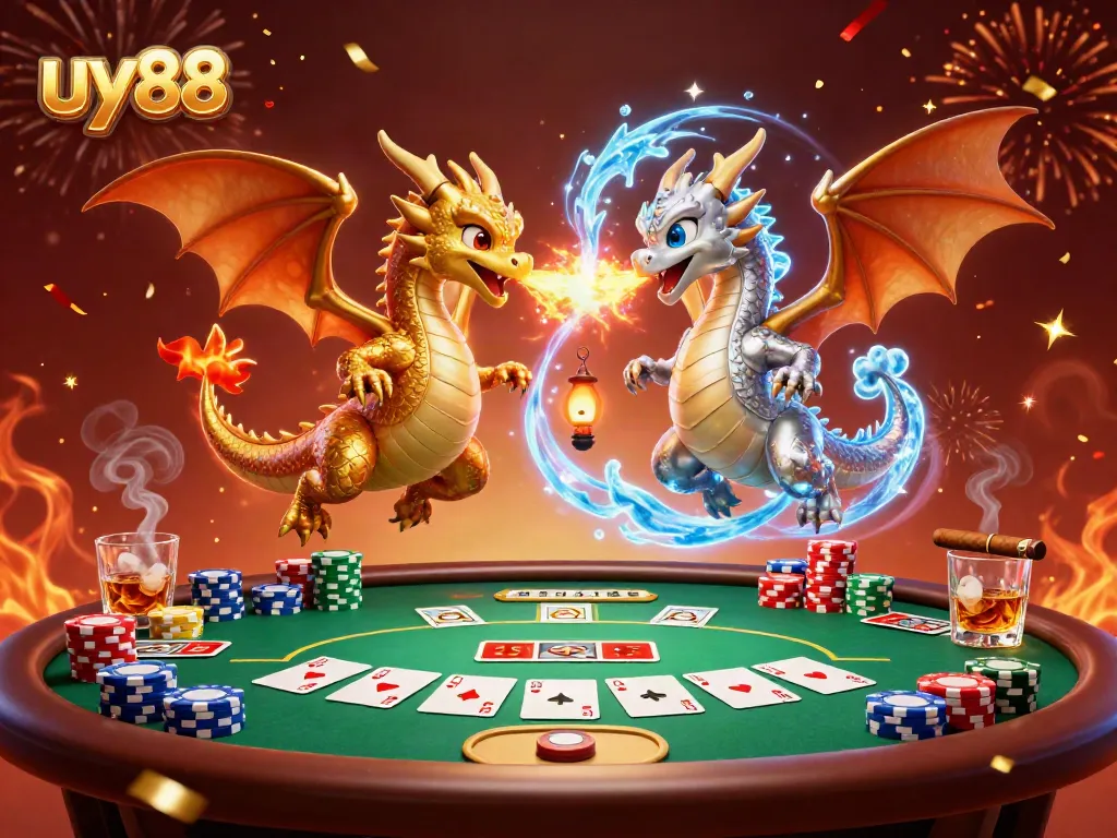 Win big with uy88 at an electrifying casino scene featuring dragons and poker elements.