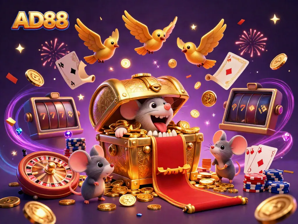 Engage in thrilling gameplay at AD88 with a dynamic casino scene featuring treasure chests and golden coins.