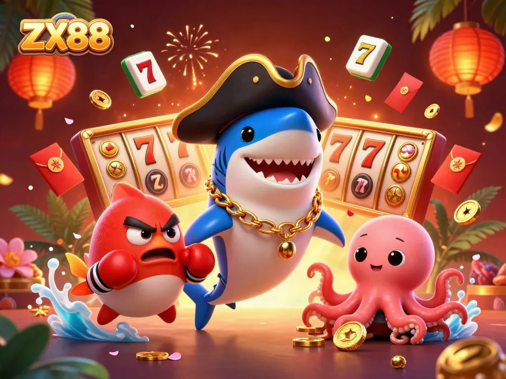 Experience the thrill of ZX88 with vibrant casino characters and exciting games, all in one dynamic scene.