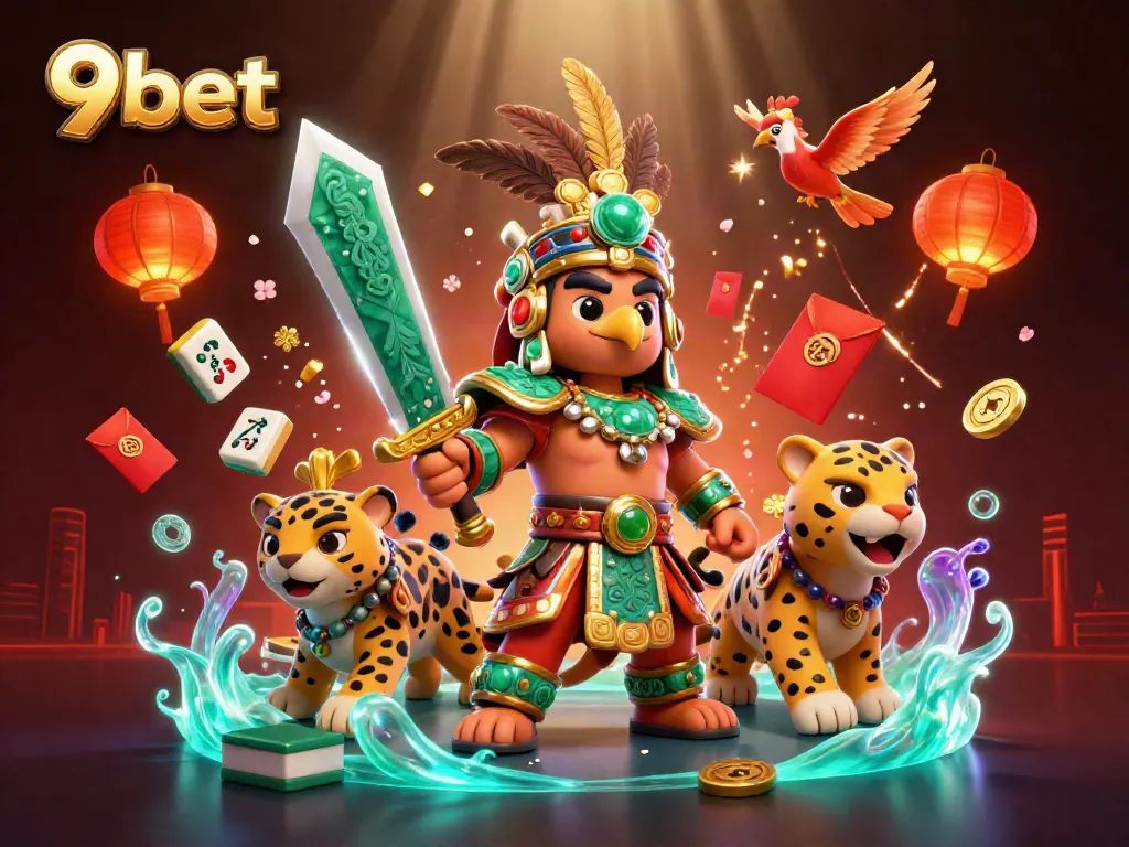 Engage in thrilling gameplay with 9bet as Aztec warriors and dynamic casino elements come alive in this vibrant illustration.