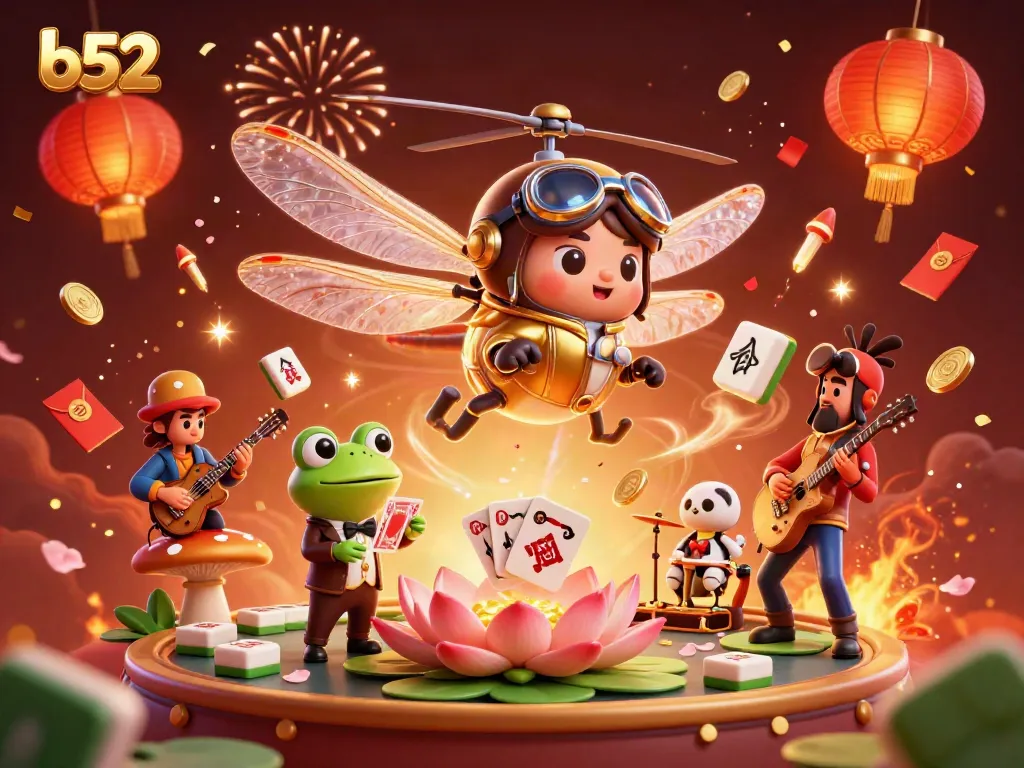 Experience thrilling action at b52 casino with vibrant characters and festive gaming elements.
