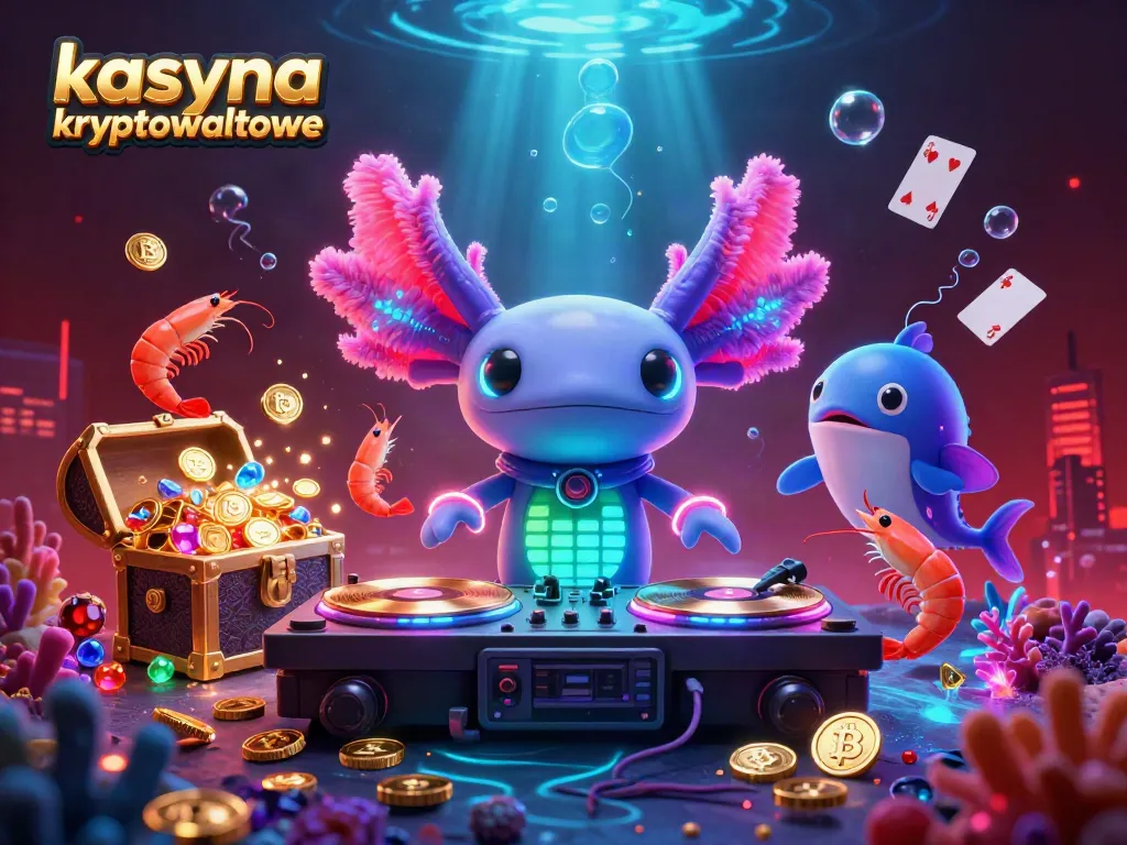 Engage in kasyna kryptowalutowe with a vibrant underwater party scene featuring neon DJ axolotl and animated shrimp dancers.