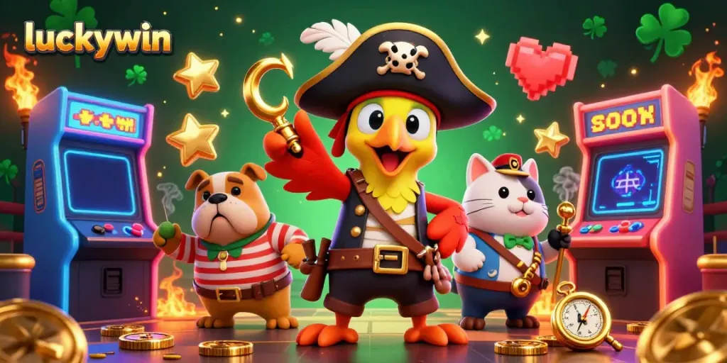Experience excitement at luckywin with cartoon pirates and colorful arcade elements in a dynamic casino scene.