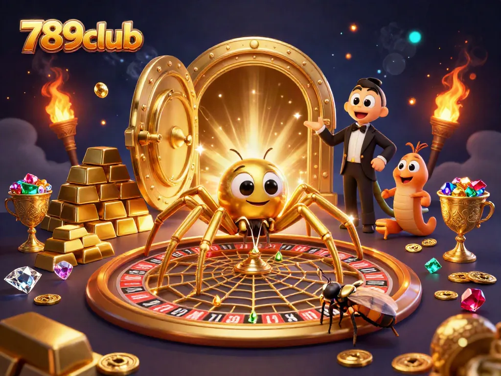 Engage with 789club at a vibrant, thrilling casino scene featuring a golden spider and exciting gaming elements.