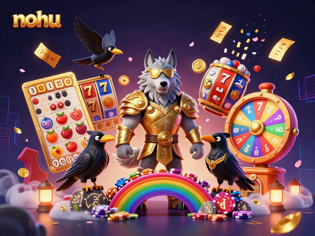 Experience nohu with a vibrant 3D illustration featuring a dynamic scene of Odin and ravens immersed in jackpot excitement.