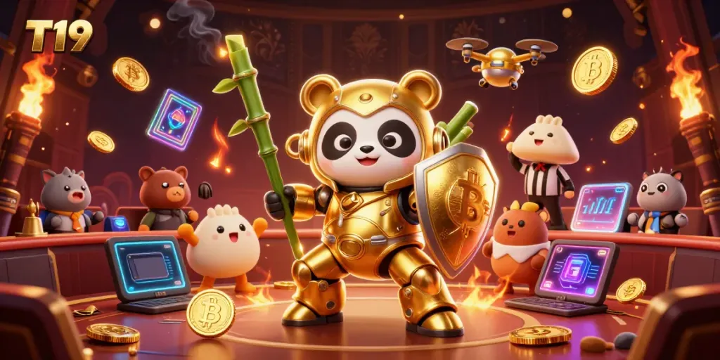 T19 casino-themed 3D illustration showcasing a mech-suit panda amidst Bitcoin and Ethereum elements