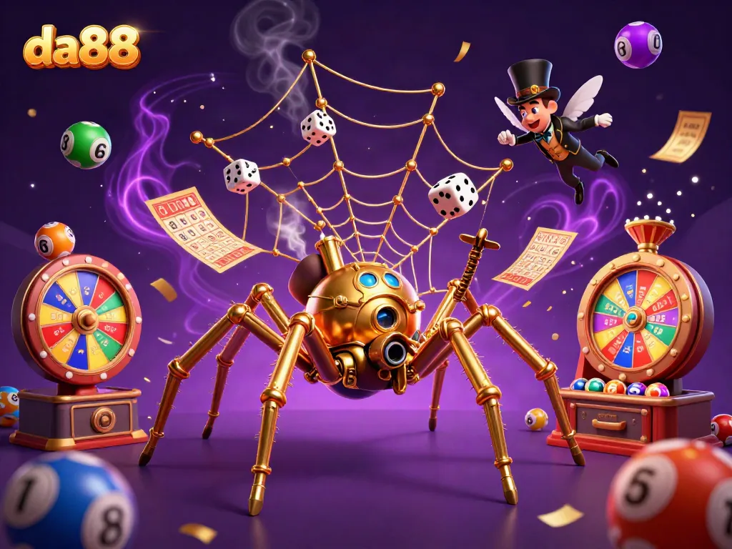 Experience exciting gameplay with da88, featuring a lively scene of a golden spider catching dice amidst vibrant lottery and casino elements.