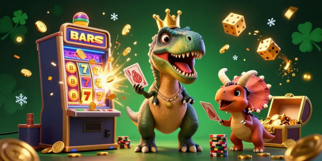 Join the fun at go99 with a 3D T-Rex and friends celebrating a casino jackpot explosion.