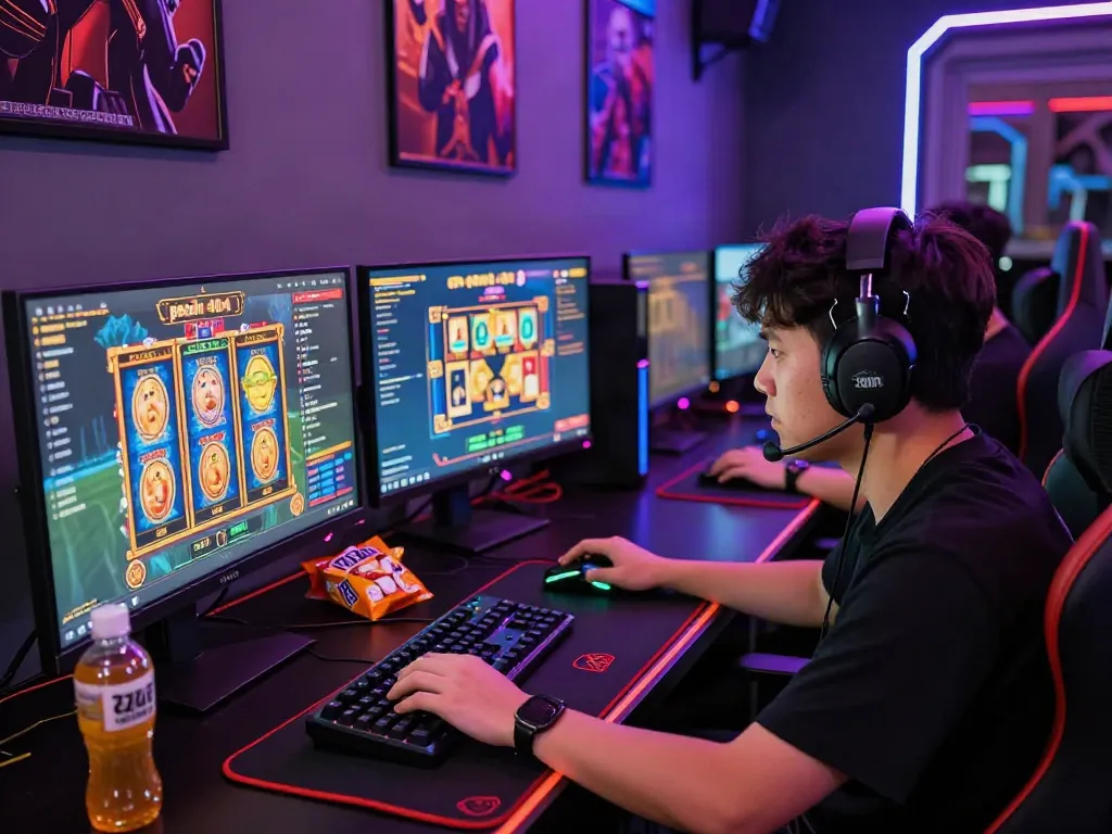 Gamer immersed in intense 'pecah 404' online gaming experience with multiple monitors and vibrant setup.