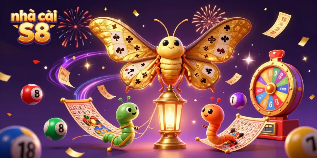 Join the excitement at nhà cái S8 with a vibrant display of lottery balls and casino elements.