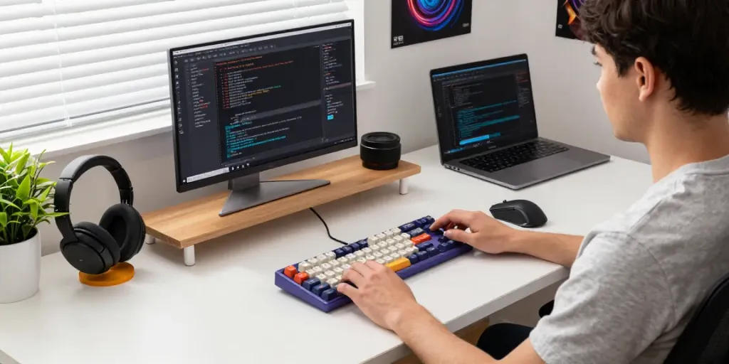 Personalized workspace showcasing a custom Wooting 60HE v2 keyboard with vibrant keycaps, modern ergonomic setup, and creative workspace.