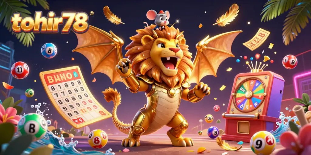 Experience the thrill of tohir78 with a vibrant 3D casino scene showcasing dynamic lottery elements and a triumphant chimera.