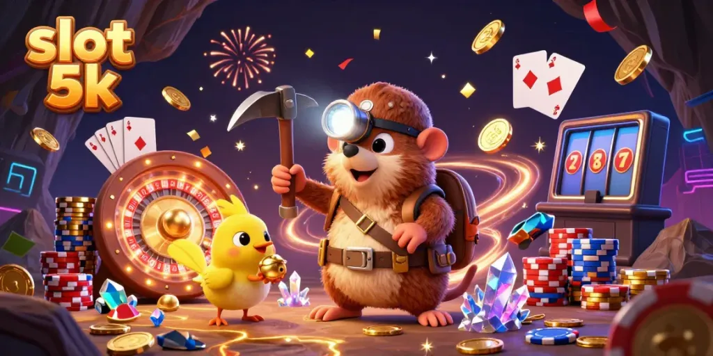 Experience the thrill of slot 5k gameplay with 3D cartoon characters amidst a cascade of golden coins and gems.