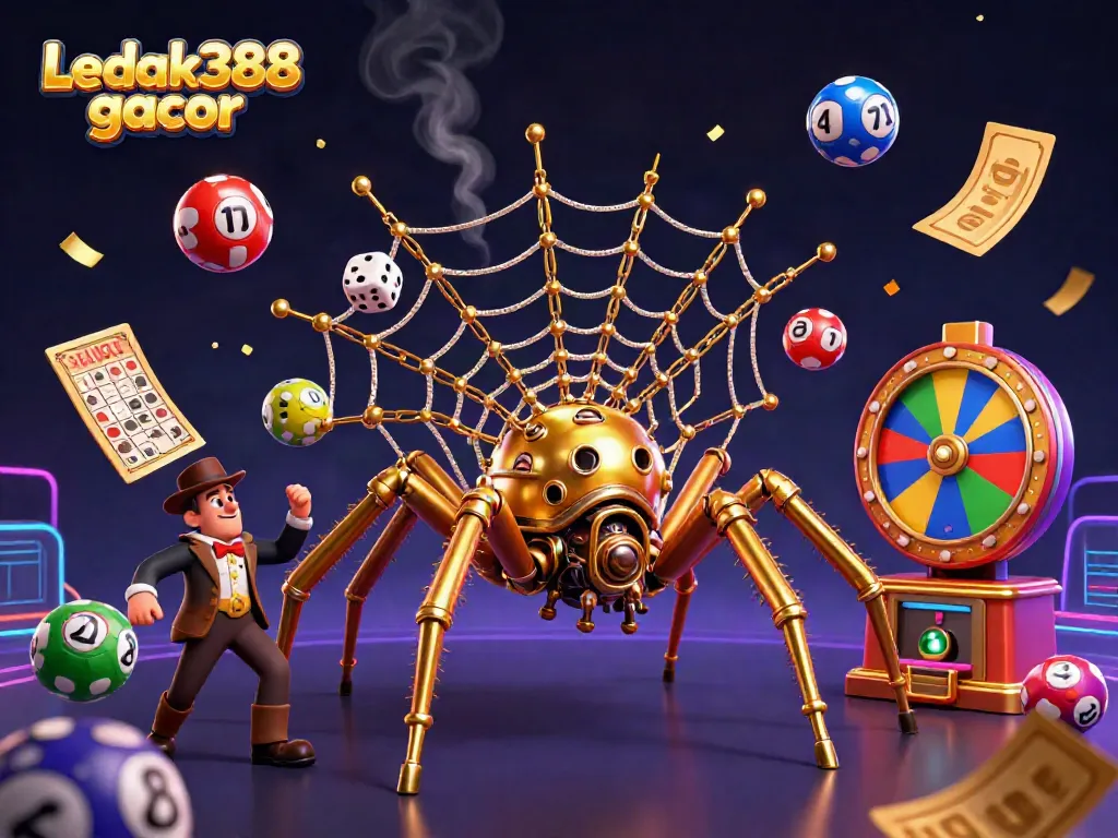 Experience thrilling gameplay with Ledak388 gacor, featuring a steampunk spider alongside exciting gambling elements.