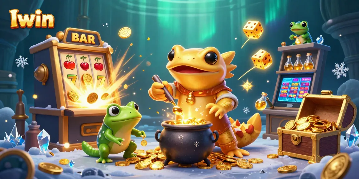 Iwin rewards players with rich casino adventures featuring vibrant slot machine and golden alchemist.
