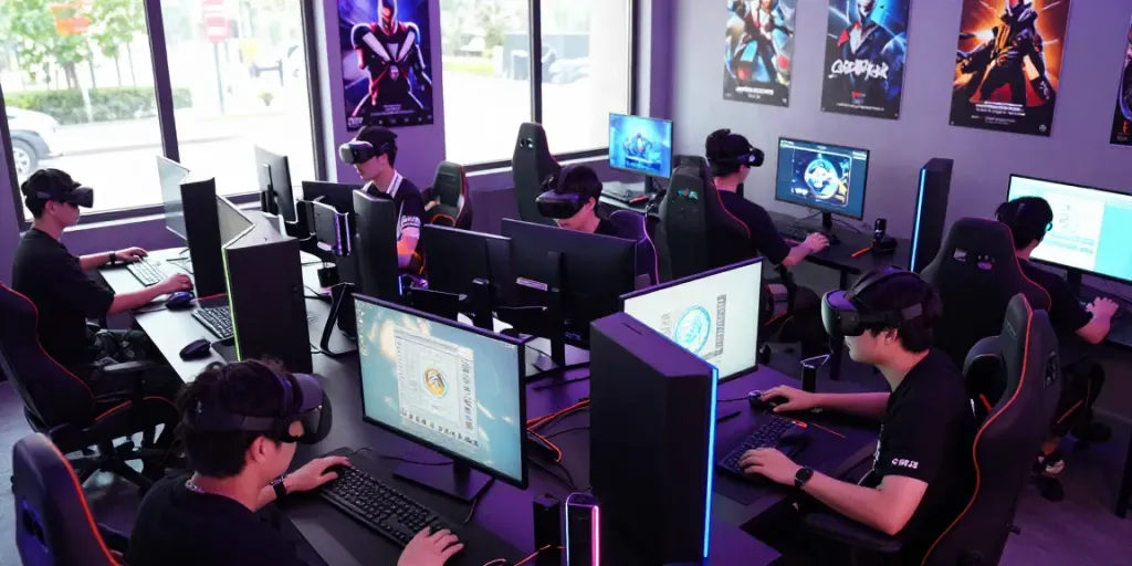 Engaging gamers at KILAT404 online gaming lounge with high-tech equipment.