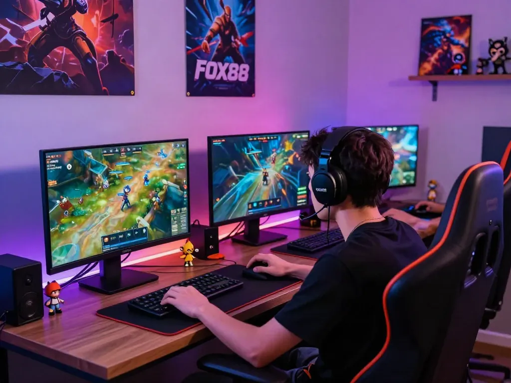 Exciting gaming session on Fox88, vibrant graphics, cozy atmosphere.